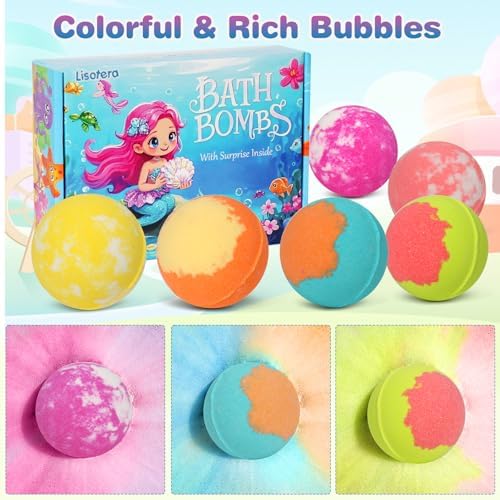 Girls Bath Bombs with Toys Inside for Kids, 12 Pcs Natural Mermaid Princess Bubble Bath Bomb with Jewelry Surprise Inside, Christmas Easter Basket Stuffer Valentines Day Birthday Gift Set