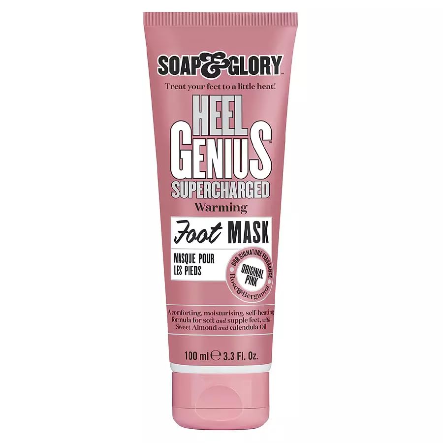 Soap & Glory Original Pink Heel Genius Supercharged Foot Mask - Self Heating Foot Treatment for Rough, Cracked Feet - Sweet Almond, Calendula Oil & AHA Creamy Foot Care - Hydrating Foot Mask (100ml)