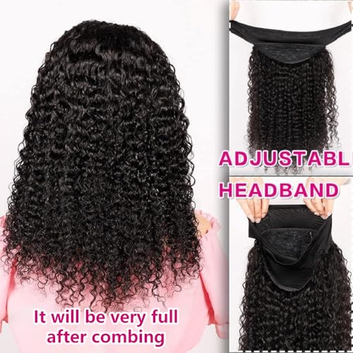 Smoothair Headband Wig Human Hair Kinky Curly Headband Wigs for Black Women Human Hair Wigs Glueless 18 Inch None Lace Front Wigs Brazilian 150% Density
