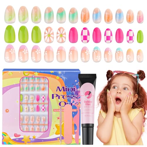 78PCS Press on Nails for Kids, TOROKOM Cute Kids Fake Nails Flower Kid Glue on Nail Short Almond False Nail Art Gift for Girls Children 8-12 Age with Nail Adhesive Tab & Quick-dry Nail Glue (3 Pack)