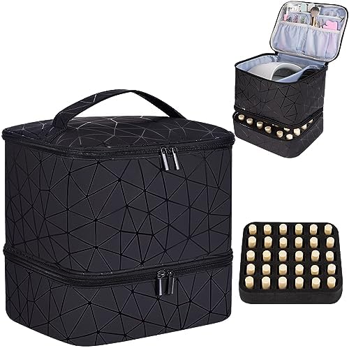 PU Leather Nail Polish Organizer and Nail Lamp Case, Nail Kit Organizer Holds 30+ Bottles (15ml - 0.5 fl.oz) and a Nail Lamp, Nail Polish Carrying Case with Manicure Tools Storage Sections
