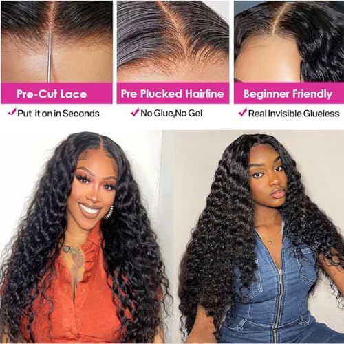 Glueless Wigs Human Hair Pre Plucked Pre Cut 5x5 Hd Lace Closure Wear and Go Deep Wave Curly Lace Front Wigs for Black Women Wet and Wavy Natural Hairline (22 Inch)