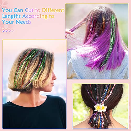 Mckanti 16 Colors Hair Tinsel Kit with Tool, 47 inch 3200 Strands Tinsel Hair Extensions for Women Girls, Fairy Hair Tinsel Glitter Sparkling Shiny Colorful Synthetic Hair for Party Daily Life Fashion