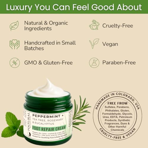 Peppermint + Rosemary, Eucalyptus & Tea Tree Foot Cream for Dry Cracked Heels and Feet - Moisturizing Foot Lotion for Cracked Heel Repair - Callus Remover with Lactic Acid (4 oz)