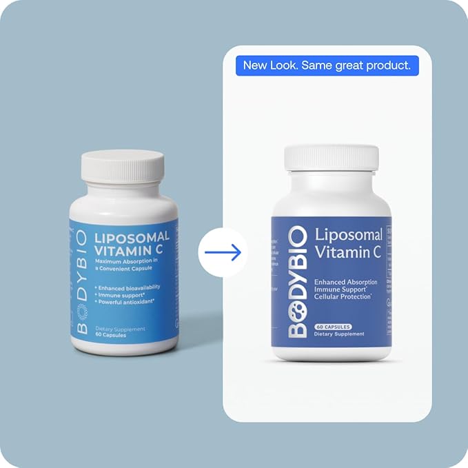 BodyBio Liposomal Vitamin C for Immune and Cell Support, Powerful Antioxidant, Pure Ascorbic Acid with Maximum Absorption - 60 Capsules