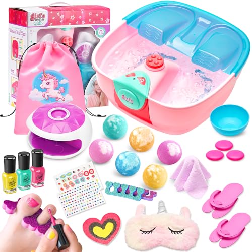 Kids Spa Day Kit for Girls,Girls Foot Spa with Nail Dryer & Bath Bombs,Kids Foot Spa with Music Foot Soak Tub & Nail Polish Set for Girls,Girls Toys Gifts for 6-12,Christmas Birthday Gifts