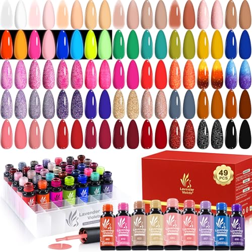 Lavender Violets 49 PCS Gel Nail Polish Set,45 Colors Summer Neon Glow in the Dark Effect with Nail Primer,Builder Base Coat,Glossy,Matte Top Coat Red Jelly Nude Glitter New Year Gifts for Women A950