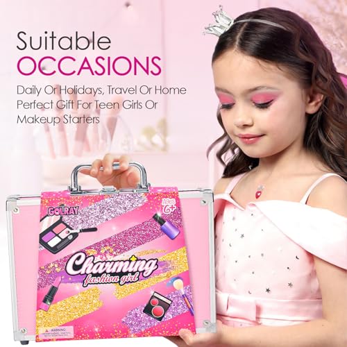 Golray Teen Makeup Kit for Girls Ages 8-12, Starter Full Make up Set With Train Case / 4 Eyeshadow Pallets/Blush/Nail Polish/Lipstick/Brush, Kid Birthday Gift Beauty Toy for Girl 9 10 11 12 Years