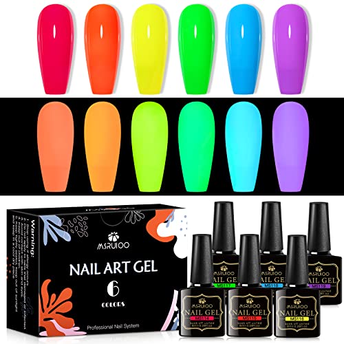 Glow in the Dark Gel Nail Polish, 6 Colors Luminous Neon Gel Polish Set Fluorescent Bright Colors Hot Pink Yellow Purple Glow Effect Soak Off UV Gel Polish for DIY Nail Art Design