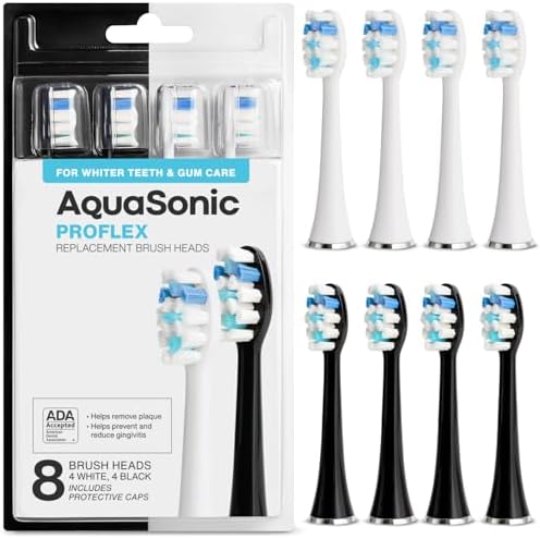 AquaSonic Duo PRO 8-Pack Replacement Brush Heads - Upgraded Proflex Brush Heads for Improved Plaque Removal - ADA Accepted - Genuine AquaSonic
