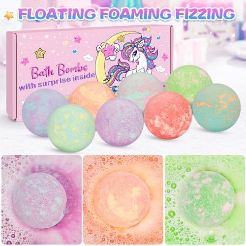 8 Pack Bubble Bath Bombs for Kids with Unicorn & Mermaid Girl Toys, Kids Bath Bombs with Surprise Inside, Easter Basket Stuffers for Toddler Girls, Ideal Christmas Birthday Easter Gifts for Kids