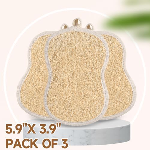 Natural Loofah Bath Sponges with Cotton Rope Exfoliating Body & Face Scrubber Reusable & Eco-Friendly,Soap Loofa Shape- Large 3PCS