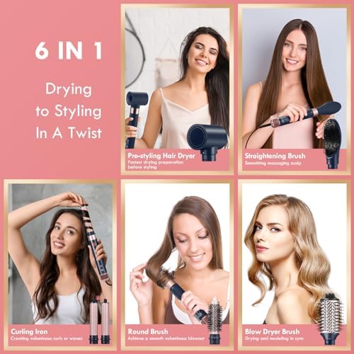 6 in 1 Air Styling Hair Styler, NDLT High Concentration of Negative Ions Hair Dryer, Blow Dryer Brush, Straightening Brush, Curling lron, Round Brush for Fast Drying Curling Straightening & Smoothing