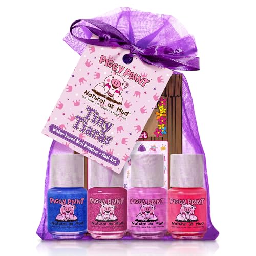 Piggy Paint | 100% Non-Toxic Girls Nail Polish | Safe, Cruelty-free, Vegan, & Low Odor for Kids | Tiny Tiaras (4 Polish + Nail Art Gift Set)