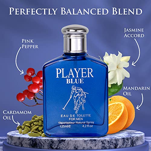 NovoGlow Player Blue for Men - 4.2 Fl Oz Eau De Parfum Spray for Men - Long-Lasting Citrusy Herbal & Woody Fragrances Smell Fresh All Day Long Gift for Men on All Occasions