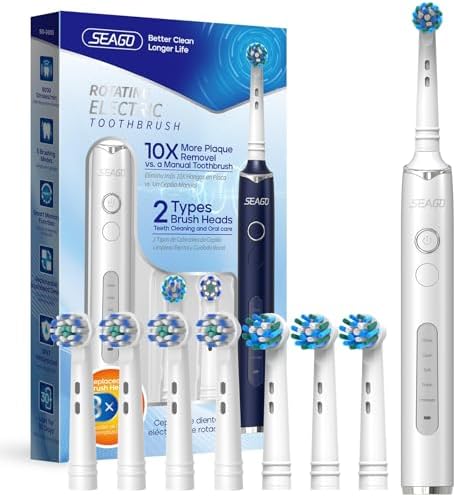 SEAGO Rotating Electric Toothbrush with 8 Round Brush Heads, with 5 Cleaning Modes, Sonic Technology Whitening Teeth in 14 Days, for Adult and Kids, SG-2603 (White)