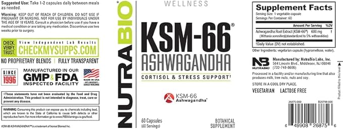 NutraBio Ashwagandha KSM-66 Herbal Supplement for Better Overall Well-Being- Ashwagandha Supplement- 600mg - 60 Vegetable Capsules