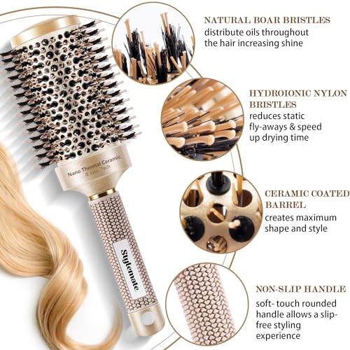 Round Brush for Blow Out, Nano Thermal Ceramic & Ionic Tech, 2.1 Inch Barrel, Boar Bristles, Roller Brush for Blow Drying and Styling, Gold, Hair Brush for All Hair Types
