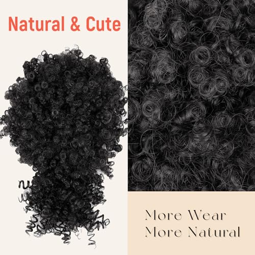 Drawstring Ponytail for Black Women, Afro Puff Kinky Curly Hair Ponytail Extension with Bangs Black Updo Natural Hair Ponytail (1B Natural Black)