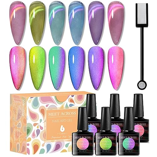 MEET ACROSS Glass Cat Eye Gel Polish Set, Colorful Magnetic Nail Polish with Magnet, Transparent Nail Polish, Soak Off UV Cateye Gel Polish Kit for Home DIY Manicure Varnish Art Design
