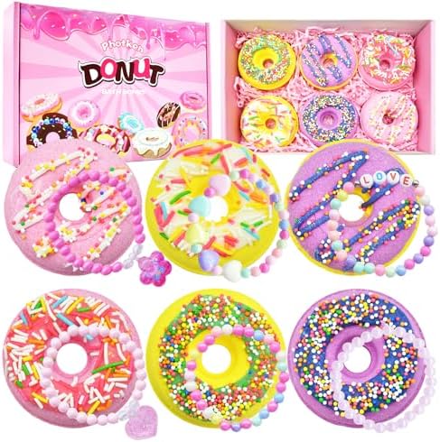 6 Pieces Donut Bath Bombs Gift Set for Kids - Scented Spa Bath Ball Fizzies with Surprise Bracelets Inside, Essential Oils, Moisturizing Bath Treats, Doughnut Princess Party Favors for Girls Women