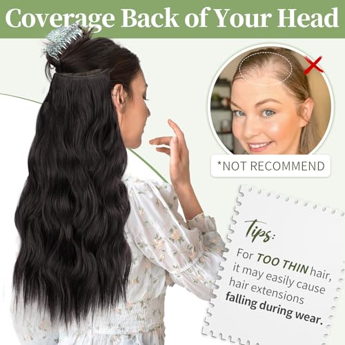 KooKaStyle Invisible Wire Hair Extensions with Transparent Wire Adjustable Size 4 Secure Clips Long Wavy Secret Synthetic Hairpiece 20 Inch Dark Brown for Women