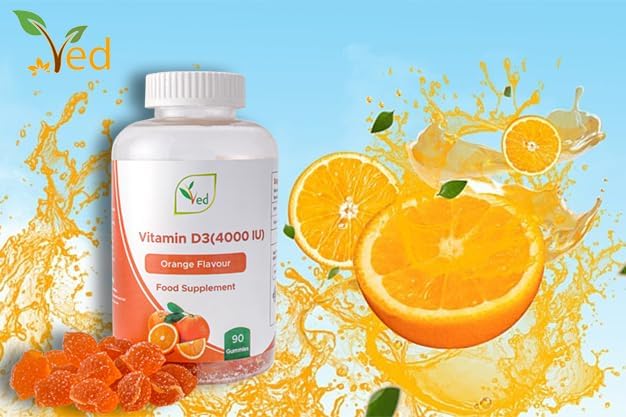 Ved Vitamin D3 Gummies for Adults 4000IU, Non GMO- Gluten Free, Orange Flavour -High Strength 90 Chewable Gummies (3 Month Supply)