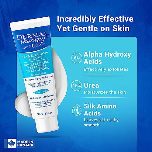 Dermal Therapy Hand Elbow & Knee Cream with 15% Urea & 6% AHA - Deeply Hydrates & Exfoliates Dry, Cracked Skin on Hands, Elbows & Knees - Fragrance-Free, Non-Greasy - 3.5 fl oz / 100 ml