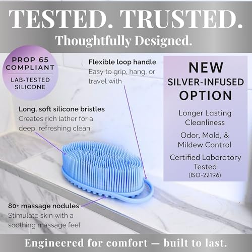 Avilana Silicone Body Scrubber – Silver-Infused Gentle Shower Brush & Loofah Alternative – Fast-Drying, BPA-Free Silicone Body Exfoliator for Sensitive Skin – for Men & Women (Blue, Massage)