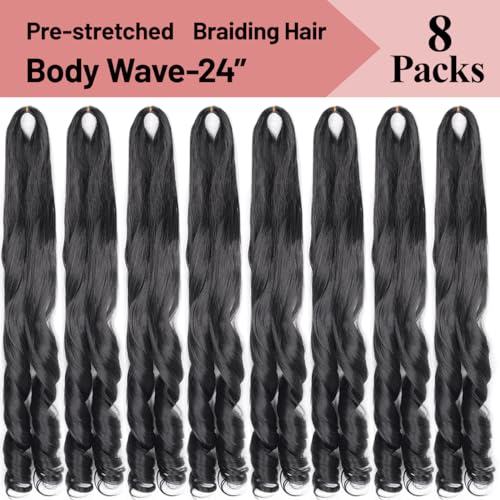 French Curly Braiding Hair 24Inch Loose Wavy 8 Packs #1B Black Bouncy Braiding Hair Extensions 75g/Pack Synthetic French Curl Crochet Hair Extensions（8packs,24Inch)