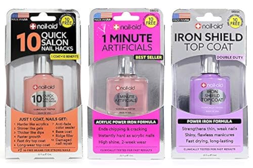 Nail-Aid 3pk Of 10 Quick Hacks + 1 Minute Artificials + Iron Shield Top Coat, Clear, N/A, 1.65 Fl Ounce