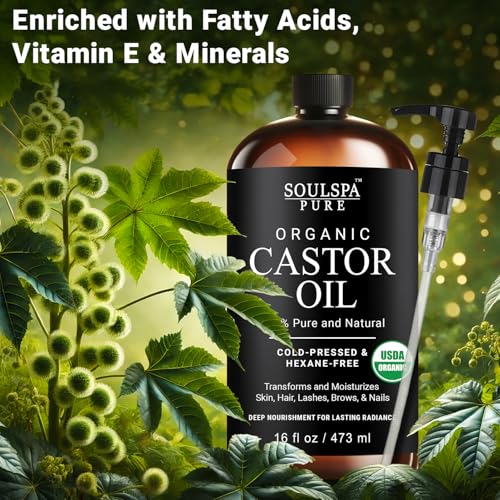 Organic Castor Oil for Hair, Scalp, Skin, Face & Eyelashes | USDA Certified | 100% Pure Castor Oil Organic Cold Pressed Unrefined Glass Bottle, Hexane Free - Soulspa Pure - 16 fl oz