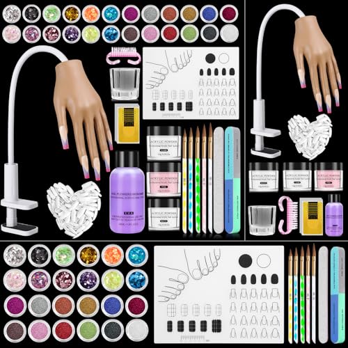 Practice Hand for Acrylic Nails Kit: Silicone Hand for Nail Practice with Acrylic Nail Kit for Beginners - Bendable Training Fake Hand Manicure Acrylic Powder Set for Salon Home