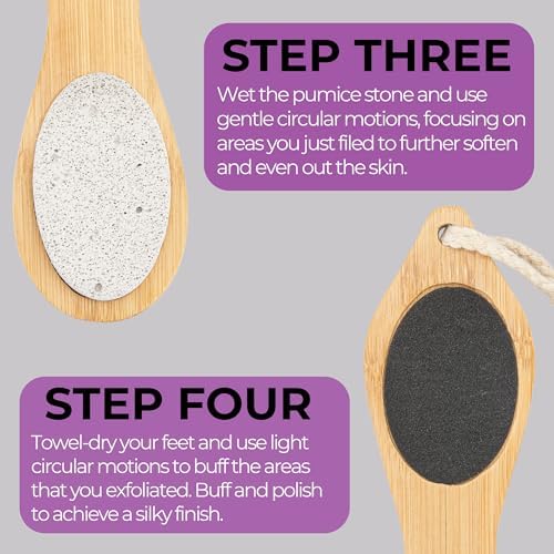 Dermasuri 4 in 1 Exfoliating Foot Scrub Kit - Multi Purpose Foot Care - Natural Bamboo Pedicure Foot Spa Kit - Pumice Stone Callus Remover, Stainless Steel File, Sand Paper Surface, & Dry Brush
