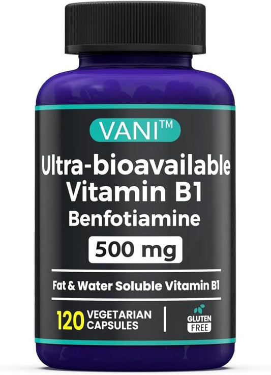 VANI Vitamin B1 with 500mg Benfotiamine, 2 in 1 Enhanced Formula -Fat & Water Soluble Thiamine B1 Supplement | 120 Capsules | Gluten Free