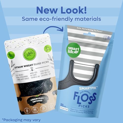 SmartLifeco Biodegradable* Dental Floss Picks - Charcoal Thread Flossers for Adults, All Natural Teeth Whitening, Eco Friendly Straw Wheat Handle, Toothpick Stick Soft on Gums, Zero Waste Vegan, 200x