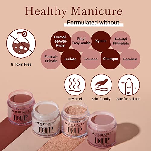 AZUREBEAUTY Dip Powder Nail Kit Starter, 4 Colors Skin Nude Brown Glitter, Acrylic Dipping Powder Liquid Set with Base/Top Coat Activator for Daily French Nail Art Manicure DIY Gift 12 Pcs