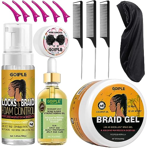 Strong Hold Extra Hold Braiding Gel & Edge Tamer - Tames Frizz, Smoothing Mousse for Twists, Locs, Braids, Cornrows (with Hair Oil, Hair Combs, Bonnet, and Clips)