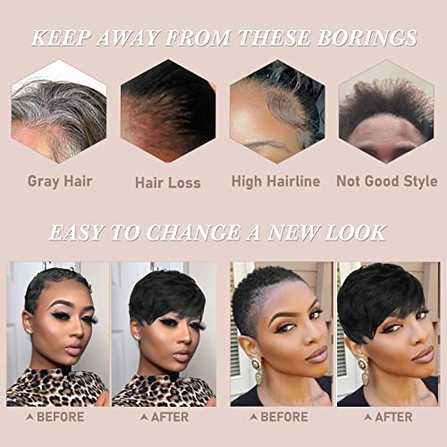 RUWISS Pixie Cut Wig Human Hair Pixie Wigs for Black Women with Bangs Natural Short Black Wig Layered Wavy Different Style Short Wigs for Black Women (1B#)