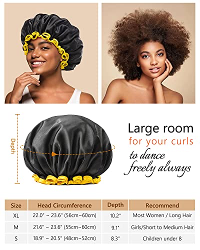 mikimini Small Black Shower Caps for Child 2 Packs, Double Layers Waterproof Bathing Hair Cap with Reusable Soft Comfortable PEVA Lining, Cute, Non-fading & Stretchy Shower Hat