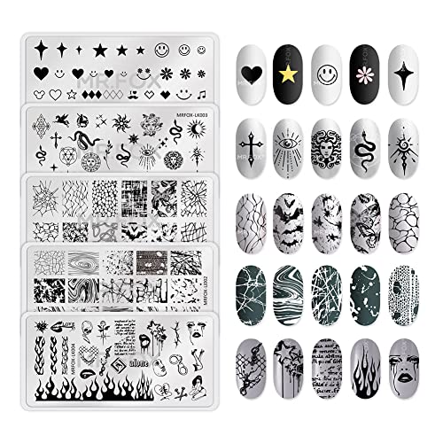 MRFOX 5 Pcs Nail Plates Stamping Set Marbled Punk Spider Web Heart Star Theme Leaf Nail Art DIY Stamping Template
