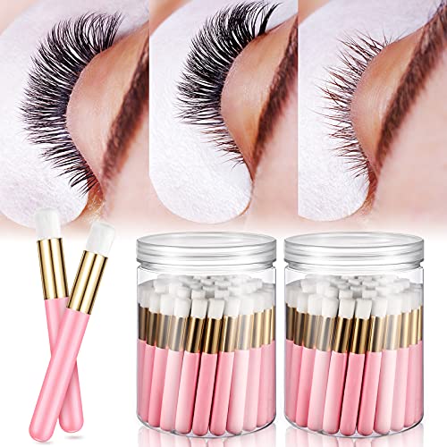 Nuenen 100 Pieces Lash Cleansing Bath Brushes with Container Eyelash Extension Cleanser Brushes Lash Shampoo Cleaning Supplies for Eyelash Extensions Prolong Cleanser Supplies, Pink