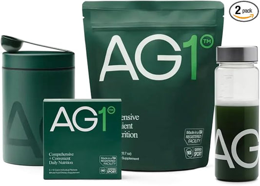 AG1 Greens Powder Supplement | Improve Gut Health | Multivitamin, Probiotic, Gluten Free, Vegan and Keto Friendly | 75 Vitamins (Athletic Greens) - Family Value Kit