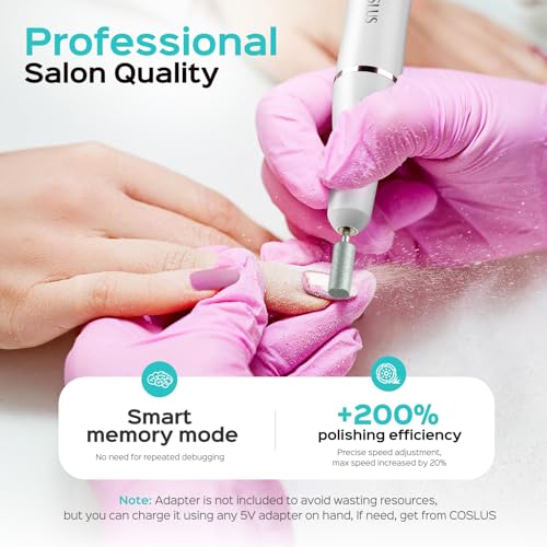 COSLUS Cordless Electric Nail Drill File: Nail Drill Machine with Stepless Speed Knob for Acrylic Gel Dip Powder Polish, Professional Portable Manicure Pedicure Rechargeable for Home Salon Use White