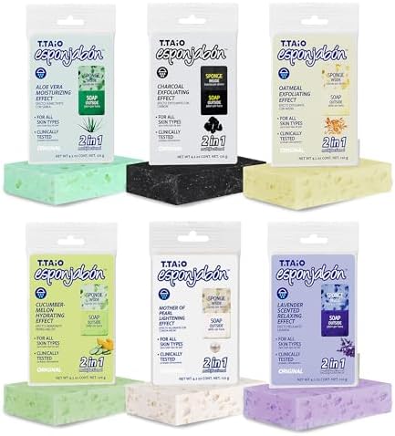 T.Taio Esponjabon Soap Sponge Variety Pack - Shower Scrubber & Bath Wash Scrub - Massage Face - Bathroom Accessories - Mother of Pearl, Aloe Vera, Lavender, Charcoal, Cucumber-Melon, Oatmeal (6 Pack)