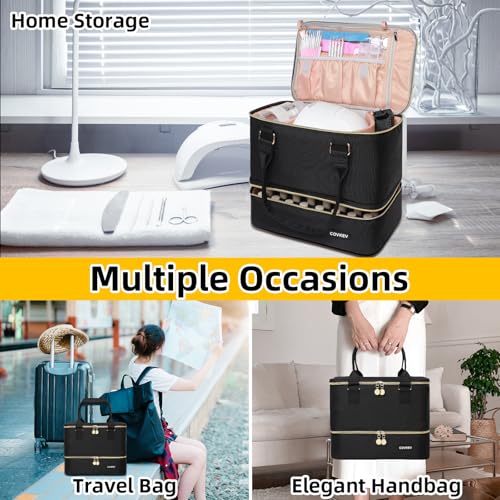 Nail Polish Organizer Hold 50 Bottles (15ml/0.5 fl.oz)& Nail Lamp, Double Layer Nail Bag Organizer Case with Handle, Large Nail Supplies& Kit Storage Case for Women Travel (Black& Golden)