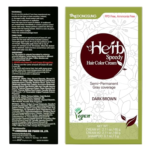 DONGSUNG Herb Speedy Color Cream (Dark Brown, 1 Pack), PPD-Free Ammonia-Free Vegan Hair Dye with Sun Protection, Odorless, Gentle for Sensitive Scalp, No Eye or Scalp Irritation
