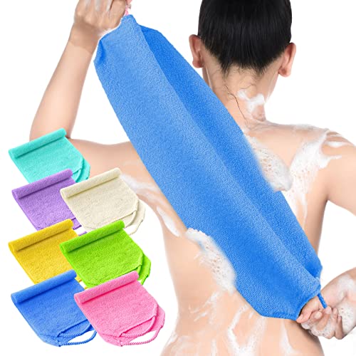 Lounsweer 7 Pieces Exfoliating Back Scrubber for Shower with Handles Nylon Back Exfoliator Washers Stretchable Pull Strap Exfoliating Loofah Washcloth for Women Men Body Deep Cleaning Massages
