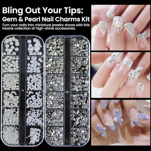 6 Boxs of Nail Charms Rhinestones Kit with 30 Sheets of Nail Art Gold Stickers Gold Sliver Nail Beads Pearls Gems with 1 Heart Nail Embossed Molds, 1 Tweezers and 1 Wax Pen for Nail Supplies