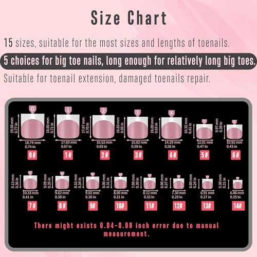 French Tip Toe Nail Tips Press on, Sharp Square Pre-Designed Soft Gel False Toenail Extension, BERRY PINK Pre-applied Tip Primer & Base Coat, Full Cover Acrylic for DIY x 15 Sizes 240 pcs